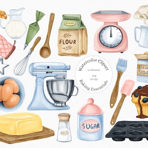 Watercolor Baking Clipart, Baking Supplies Clipart, Bakery, Bakery utensils, kitchen utensils, Bakery logo, cooking Clipart, png, cupcake