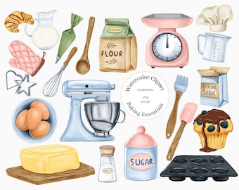 Watercolor Baking Clipart, Baking Supplies Clipart, Bakery, Bakery utensils, kitchen utensils, Bakery logo, cooking Clipart, png, cupcake