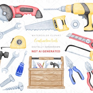 May include: Watercolor clipart of construction tools, including a circular saw, drill, hand saw, and toolbox. The tools are in shades of red, yellow, and gray. The text "Construction Tools" is also visible.