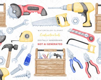 Watercolor Construction Tools Clipart Set: Hand-Drawn PNG Images (Digital Download