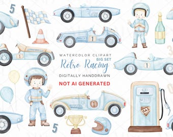 Watercolor Blue Race Car Clipart, Retro Racing Car Clipart PNG Graphics, Cute Racer Boys png digital download, Car Sublimation png graphics