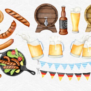 May include: A watercolor illustration of Oktoberfest themed items, including pretzels, sausages, beer steins, beer bottles, and barrels. There are also blue and white and yellow and red bunting flags.