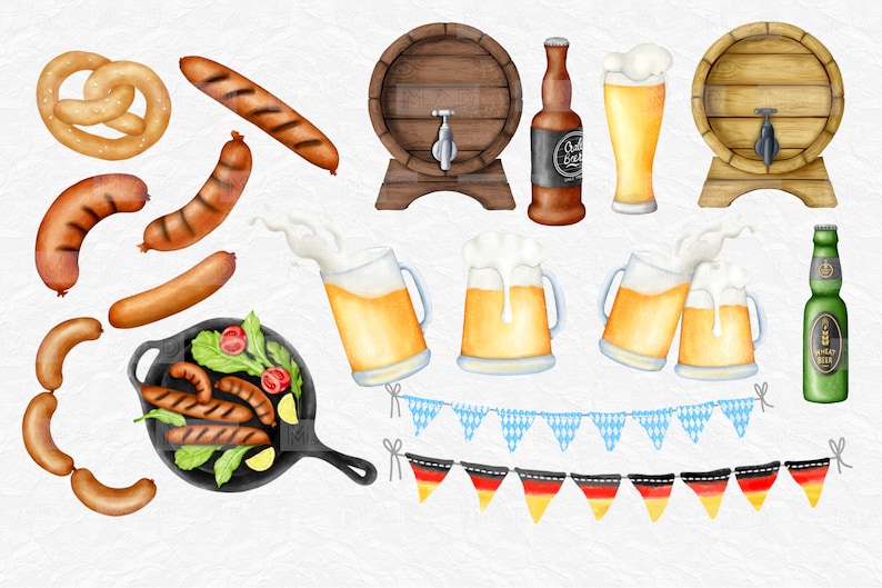 May include: A watercolor illustration of Oktoberfest themed items, including pretzels, sausages, beer steins, beer bottles, and barrels. There are also blue and white and yellow and red bunting flags.