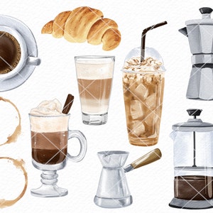 Puede incluir: Una ilustraci&oacute;n de acuarela de varios m&eacute;todos de preparaci&oacute;n de caf&eacute; y bebidas, incluyendo una prensa francesa, una cafetera moka, un latte, un cappuccino, caf&eacute; helado y un croissant.