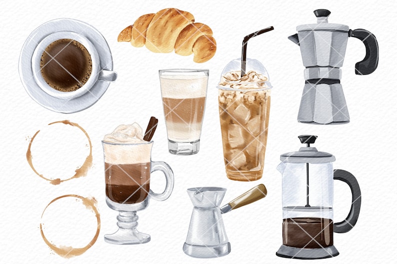 Puede incluir: Una ilustraci&oacute;n de acuarela de varios m&eacute;todos de preparaci&oacute;n de caf&eacute; y bebidas, incluyendo una prensa francesa, una cafetera moka, un latte, un cappuccino, caf&eacute; helado y un croissant.