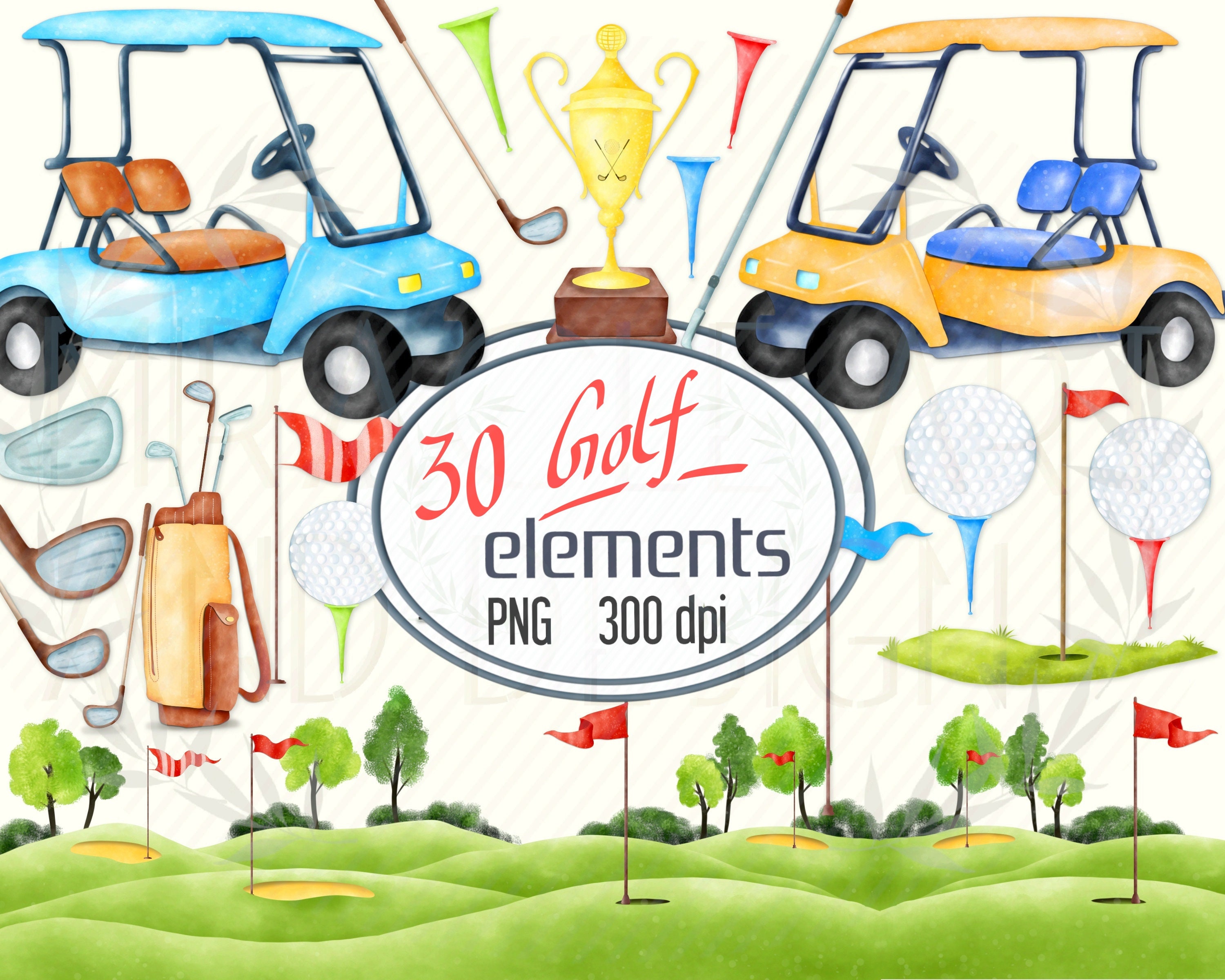 Watercolor Golf Cliparttrophygolf Cart Stick Ballsports | Etsy