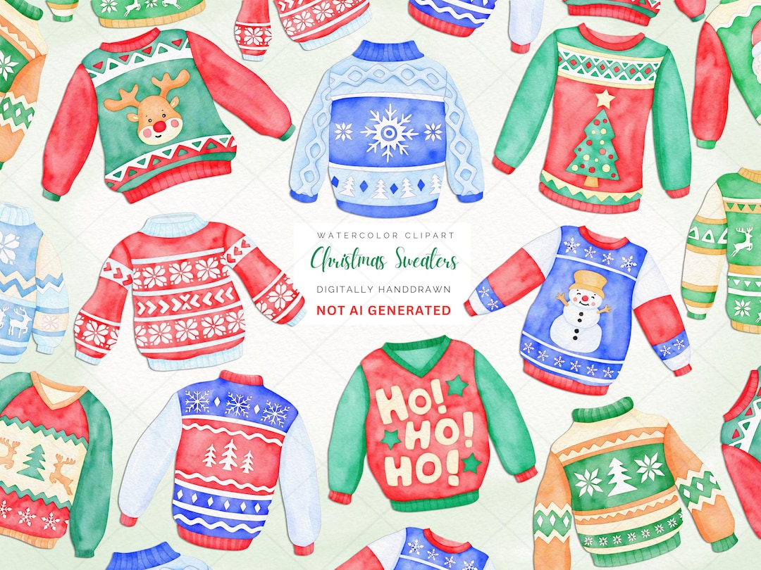 Ugly Christmas Sweater Clipart Bundle: Watercolor PNG (digital Download ...