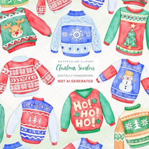 Pacote de clipart de suéter feio de Natal, clipart de aquarela de suéter feio, suéter festivo, feriado de Natal, download digital, sublimação png