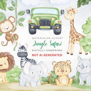 Clipart animaux de safari dans la jungle, lot de cliparts Safari d'été aquarelle, jeep png de la jungle, safari de tigre mignon, jungle tropicale, sublimation png