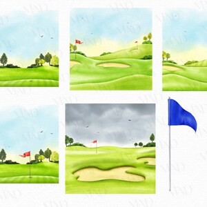 May include: Watercolour illustrations of golf courses with green fairways, sand traps, and trees under blue skies. A red flag marks the hole on each course. Two golf flags, one blue and one white, are also shown.