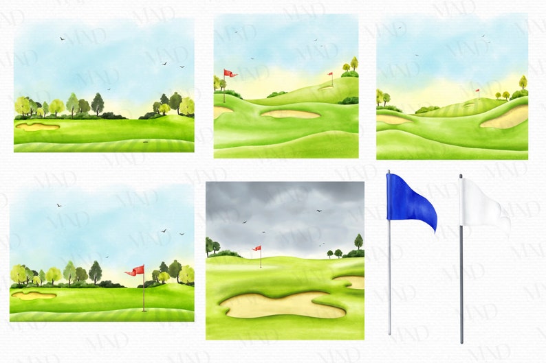 May include: Watercolour illustrations of golf courses with green fairways, sand traps, and trees under blue skies. A red flag marks the hole on each course. Two golf flags, one blue and one white, are also shown.