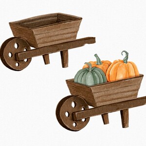 May include: Two wooden wheelbarrows, one empty and one filled with three pumpkins. The pumpkins are orange and green.