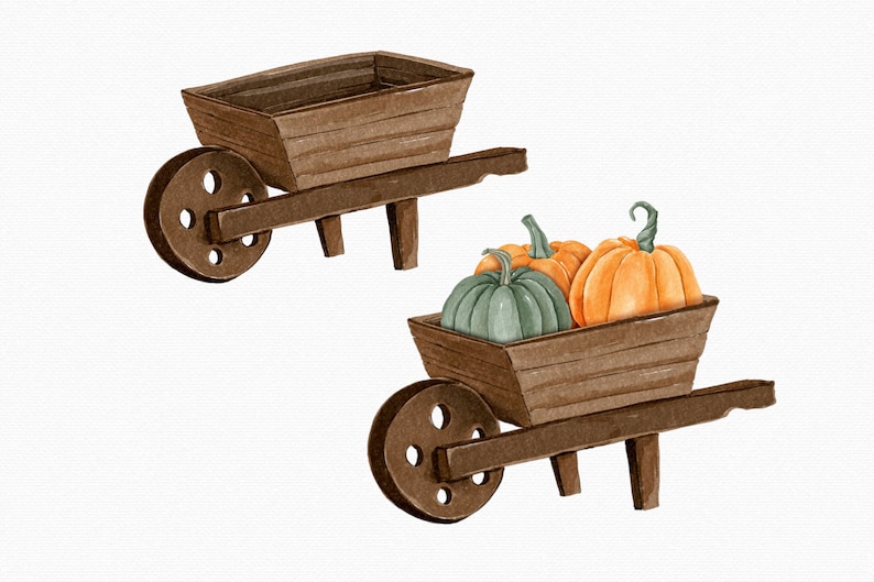 May include: Two wooden wheelbarrows, one empty and one filled with three pumpkins. The pumpkins are orange and green.