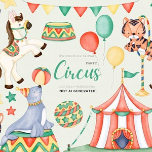 Aquarel circus clipart, schattige circusdieren illustraties, circuspaard, zeehond, schattige dieren, retro carnaval, babyjongen, sublimatie png