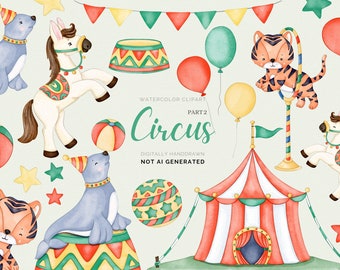 Watercolor Circus Clipart, Cute Circus Animals Clip art, Circus Horse, Seal, cute animals, retro carnival, baby boy, girl, sublimation png
