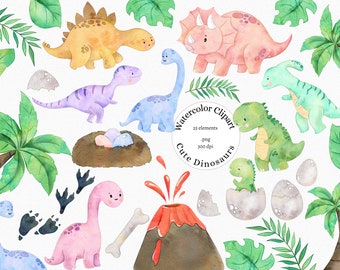 Watercolor Dinosaur Clipart Set: Baby Dino PNG Images (Commercial Use)