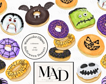 Watercolor Halloween Donut Clipart: Spooky Dessert PNG (Digital Download, Commercial Use OK)