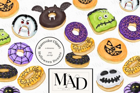 Watercolor Halloween Donut Clipart: Spooky Dessert PNG (Digital Download, Commercial Use OK)