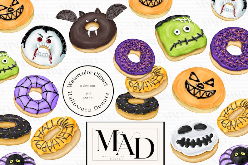May include: A set of 11 watercolor Halloween donut illustrations. The donuts are decorated with various Halloween themes, including ghosts, pumpkins, bats, spiders, and candy corn. The donuts are all in different colors, including orange, purple, green, black, and white.
