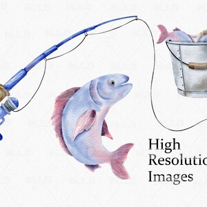 May include: A watercolor illustration of a fishing rod with a blue handle and a blue line. A blue and pink fish is on the line. A bucket with two fish inside is in the background. The text "High Resolution Images" is at the bottom of the image.
