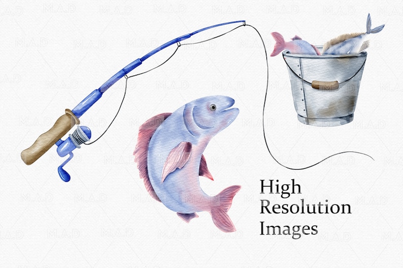 May include: A watercolor illustration of a fishing rod with a blue handle and a blue line. A blue and pink fish is on the line. A bucket with two fish inside is in the background. The text "High Resolution Images" is at the bottom of the image.
