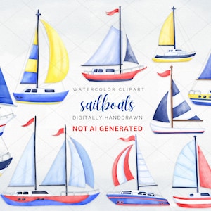 Clipart di barche a vela acquerellate, pacchetto di clipart di barche a vela estive tropicali, barca a vela blu in formato PNG, clipart di viaggi estivi, png a sublimazione
