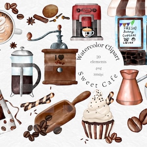 Watercolor Coffee Clipart, Coffee Bean clipart, Coffee Grinder, Coffee Pot, Cafe Clipart, Coffee drinks, png , sublimation,instant download