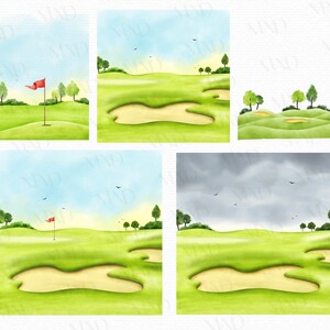 May include: Watercolour illustrations of golf courses. Each scene features green fairways, sand traps, trees, and a red flag. The sky transitions from blue to overcast, with birds in flight. The artwork evokes a serene, natural setting.