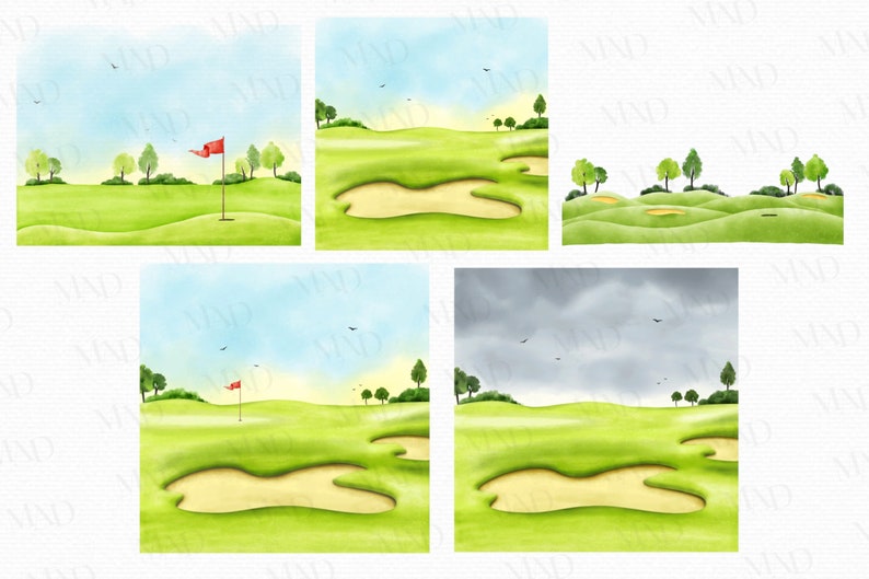 May include: Watercolour illustrations of golf courses. Each scene features green fairways, sand traps, trees, and a red flag. The sky transitions from blue to overcast, with birds in flight. The artwork evokes a serene, natural setting.