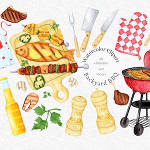 Clipart de churrasco, clipart de festa de churrasco em aquarela, clipart de churrasco de quintal, clipart de festa de verão, clipart de cerveja, avental, dia dos pais, uso comercial