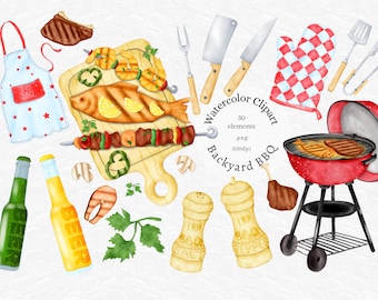 Clipart de barbecue, clipart de fête de barbecue aquarelle, cuisine, bière, tablier, dîner de déjeuner de déjeuner, autocollants de planificateur de bossgirl, usage commercial