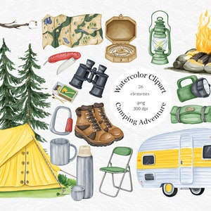 Bundle de cliparts de camping, aquarelle aventure tente de camping-car png, camp d'été en plein air forêt, campeur heureux vie PNG fichiers clipart usage commercial