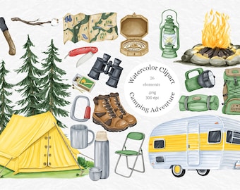 Wasserfarben Camping Clipart Bundle: Abenteuerzelt und Wald PNG (Kommerzielle Nutzung)