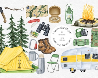 Watercolor Camping Clipart, Hiking Clipart, Boots, Campfire Clipart, Bonfire, Compass, Binoculars, Happy Camper, Outdoor,PNG, commercial use