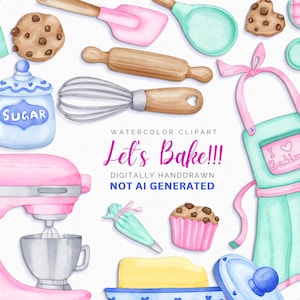 Aquarel bakken clipart, bakken benodigdheden clipart, schattige bakker, bakkerijgerei, keukengerei, bakkerijlogo, koken clipart, png, cupcake