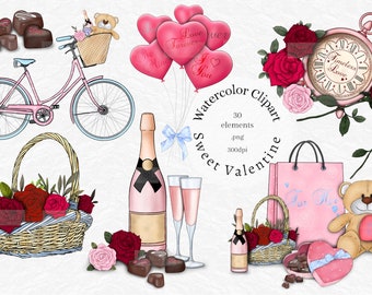 Valentine's Day Watercolor Clipart: Love, Champagne, Chocolate (PNG Digital Download)