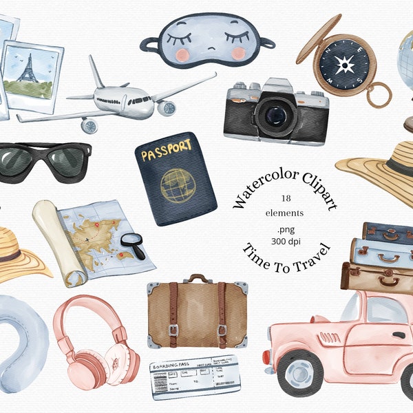 Aquarel Travel Clipart, Summer Vacation Clipart, Summer Travel Clipart, Holiday, Traveling, PNG, Clip art, Planner Stickers Graphics