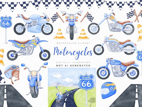 Watercolor Motorcycle Clipart: Motorbike PNG Graphics (Digital Download)