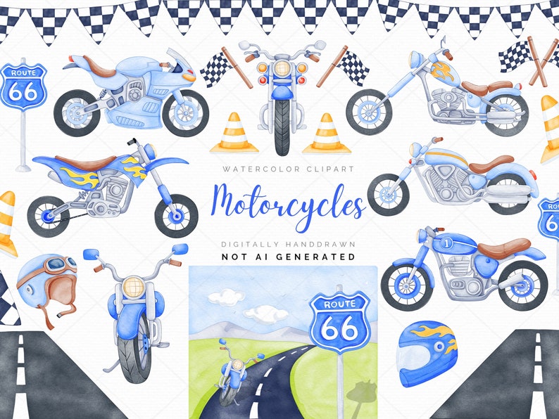 May include: Watercolor clipart of various motorcycles in blue, yellow, and black. The clipart includes a motorcycle helmet, a road sign that says "Route 66", and checkered flags.