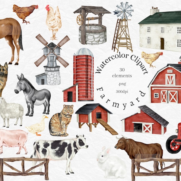 Farm Animals Clipart, Watercolor clip art, Barnyard cow, sheep, farmyard birthday png, digital download, sublimation png, commercial use