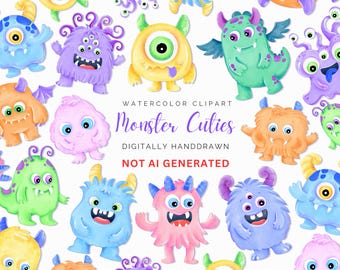 Cute Monster Clipart, Watercolor Monster Halloween ClipArt, Fantasy Monster clipart bundle, PNG, Sublimation, Halloween Invitation