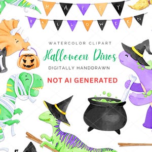 Dinosaurs Halloween Clipart, Watercolor Spooky Dinosaurs png, Trick or Treating Dinos, Ghost T-Rex clipart, Dinosaur Witch, Sublimation png