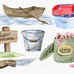 May include: A watercolor illustration of fishing supplies, including a wooden rowboat, a bucket, a tackle box, a sign that says "Gone Fishing", a knife, and a container of worms.