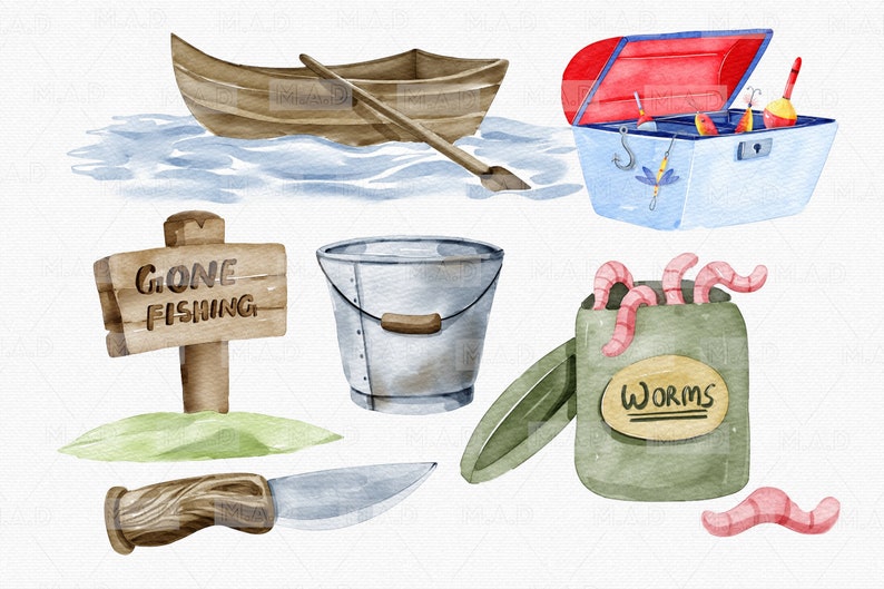 May include: A watercolor illustration of fishing supplies, including a wooden rowboat, a bucket, a tackle box, a sign that says "Gone Fishing", a knife, and a container of worms.