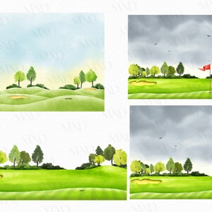 May include: Watercolour illustrations of golf course scenes. The images show rolling green fairways, trees, sand traps, and a red flag on the green. The sky varies from blue to overcast, with birds in flight.