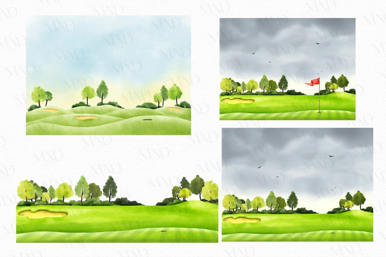 May include: Watercolour illustrations of golf course scenes. The images show rolling green fairways, trees, sand traps, and a red flag on the green. The sky varies from blue to overcast, with birds in flight.