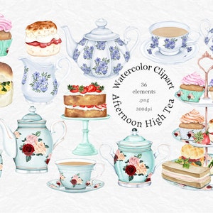 Aquarel tea party clipart, high tea time illustraties, vintage theepot, kopjes, cupcakes, verjaardag sublimatie png, uitnodiging vrijgezellenfeest