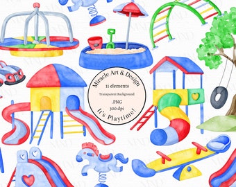 Playground Clipart PNG, Watercolor Kids Playground Clip art, Elementary School, Swings, Slides, Kids Play, Park, PNG, Birthday Invites PNG