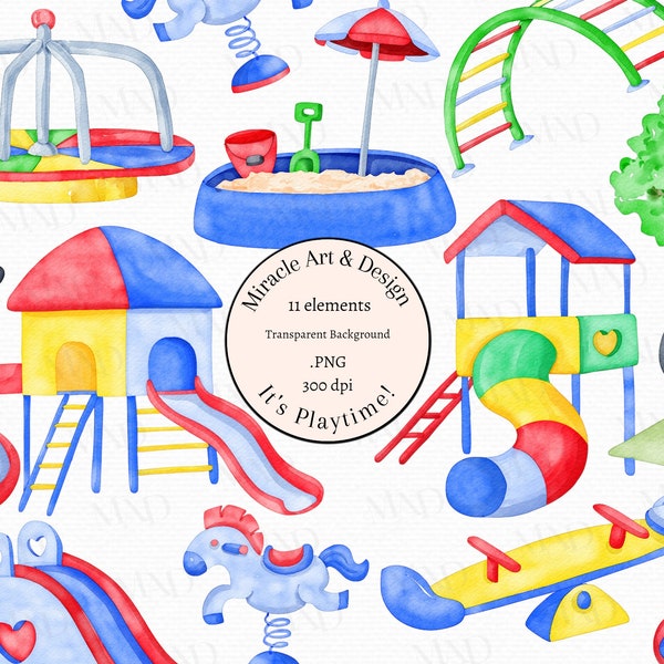 Playground Clipart PNG, Watercolor Kids Playground Clip art, Elementary School, Swings, Slides, Kids Play, Park, PNG, Birthday Invites PNG