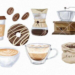 Puede incluir: Una ilustraci&oacute;n de acuarela de art&iacute;culos con tem&aacute;tica de caf&eacute;, que incluyen un molinillo de caf&eacute;, una cafetera, una bolsa de granos de caf&eacute;, una dona y cuatro tazas de caf&eacute;.